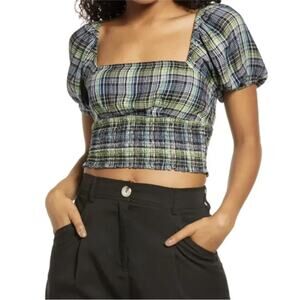 NEW BP Plaid Navy and Yellow Puff Sleeve Plus Size Crop Top, NWT, Size 2X